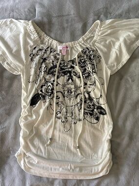 Ivory Floral Ruched Boho Peasant Top Petite Small